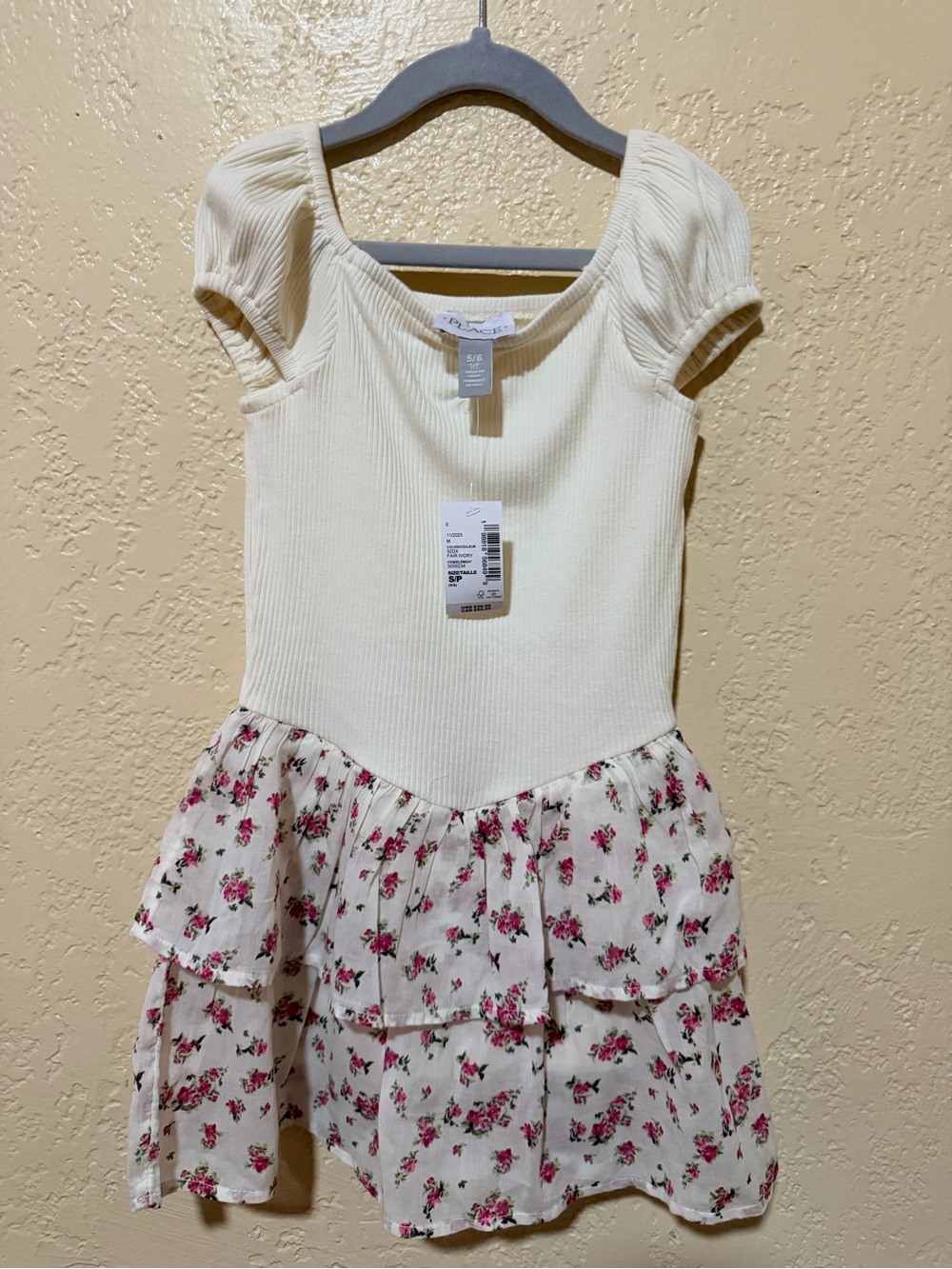 New Children’s Place Cream Ribbed Bodice Dress with Pink Floral Tiered Skirt